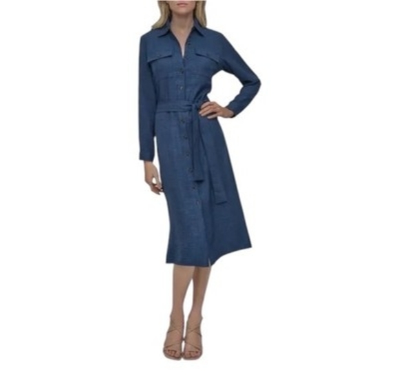 DKNY Dresses & Skirts - DKNY Denim Blue Long Sleeve Belted Midi Shirtdress Cotton Robe Dress Size 6